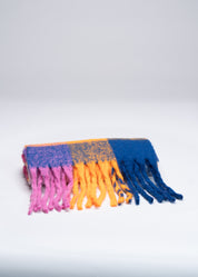 PLUME - SCIARPA A SCACCHI IN ARANCIONE FLUO, FUCSIA E BLU CON FRANGE