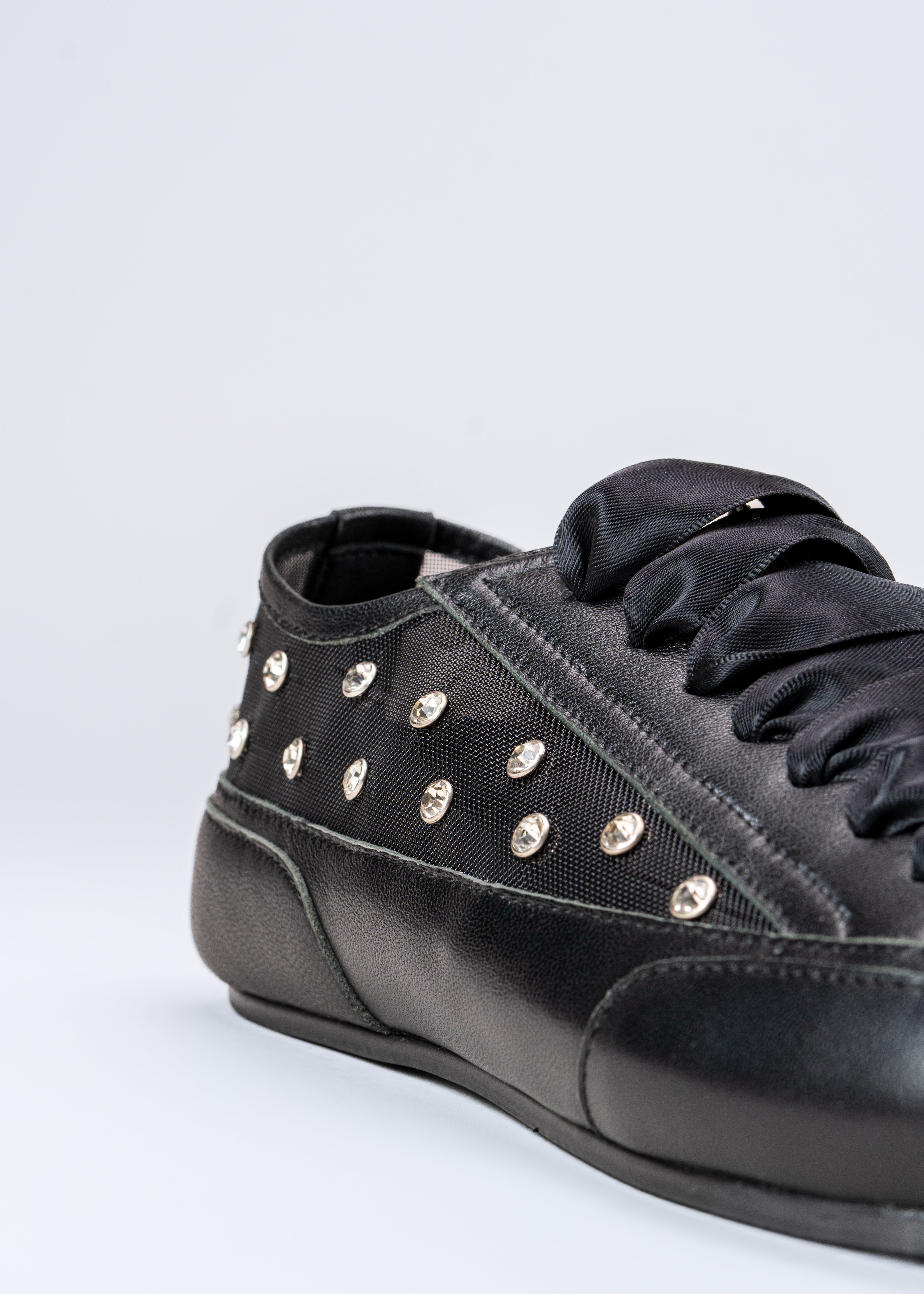 ROMY - BLACK SNEAKER IN TULLE AND NAPPA WITH RHINESTONES