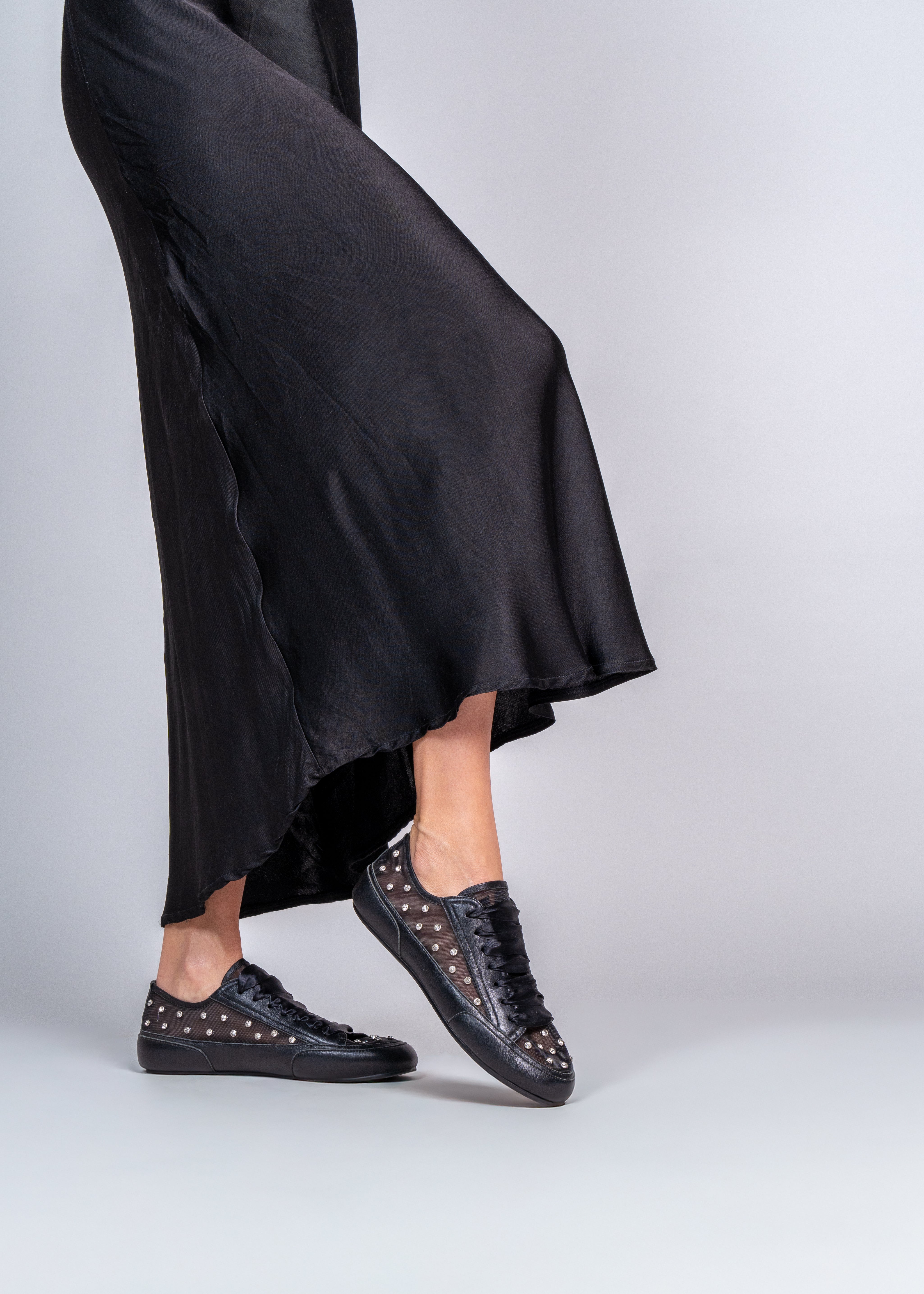 ROMY - BLACK SNEAKER IN TULLE AND NAPPA WITH RHINESTONES