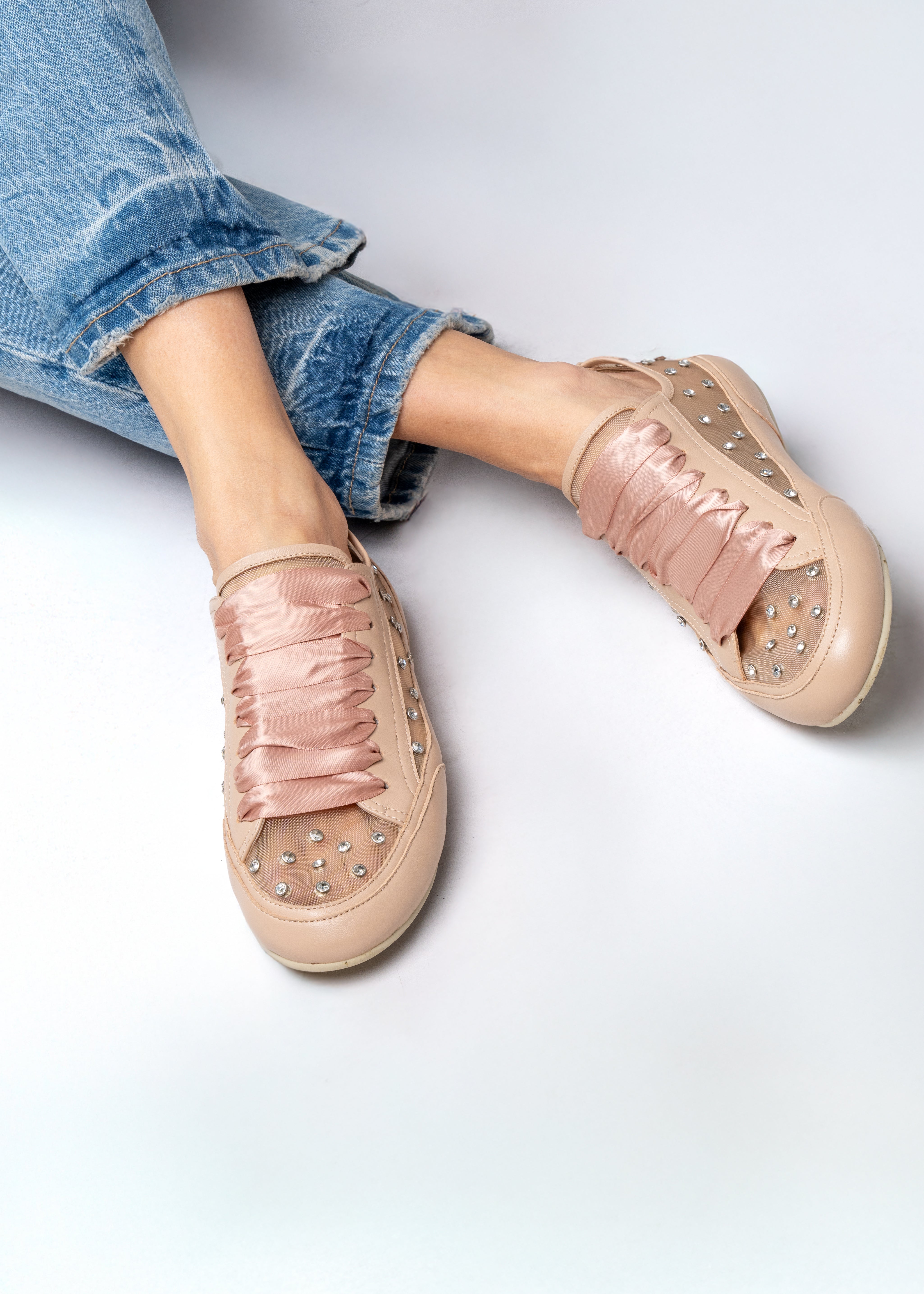 ROMY - NUDE SNEAKER IN TULLE AND NAPPA WITH RHINESTONES