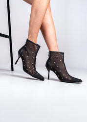 ROSINA - BLACK ANKLE BOOT IN TULLE AND NAPPA RHINESTONES